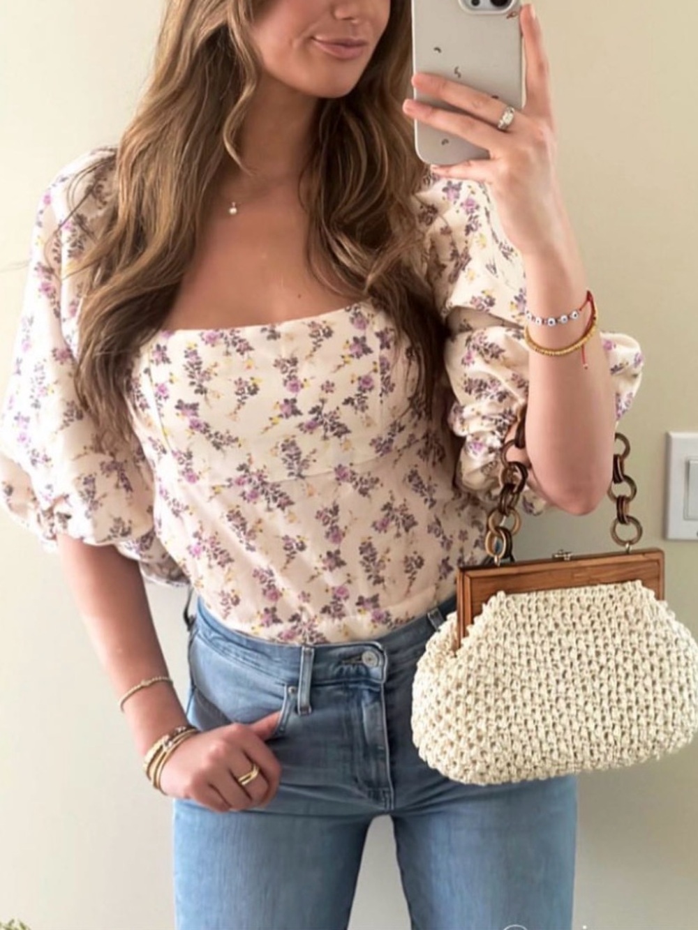 70/21 Cream Floral Puff Sleeve Crop Top with Purple and Yellow Blooms